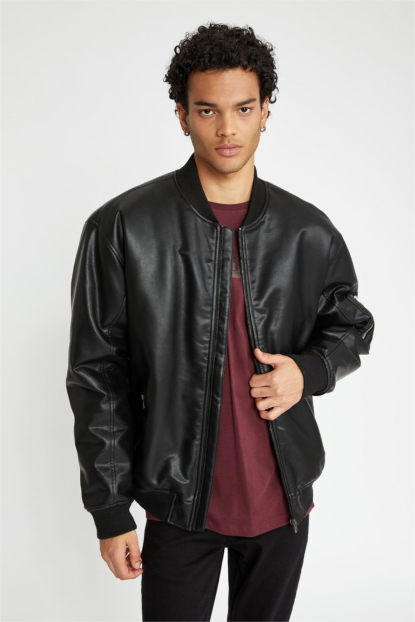 رجال أسود جاكيت بومبر اوفر سايز جلد صناعي