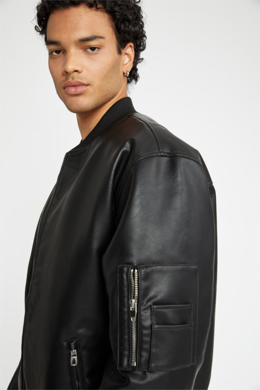 رجال أسود جاكيت بومبر اوفر سايز جلد صناعي