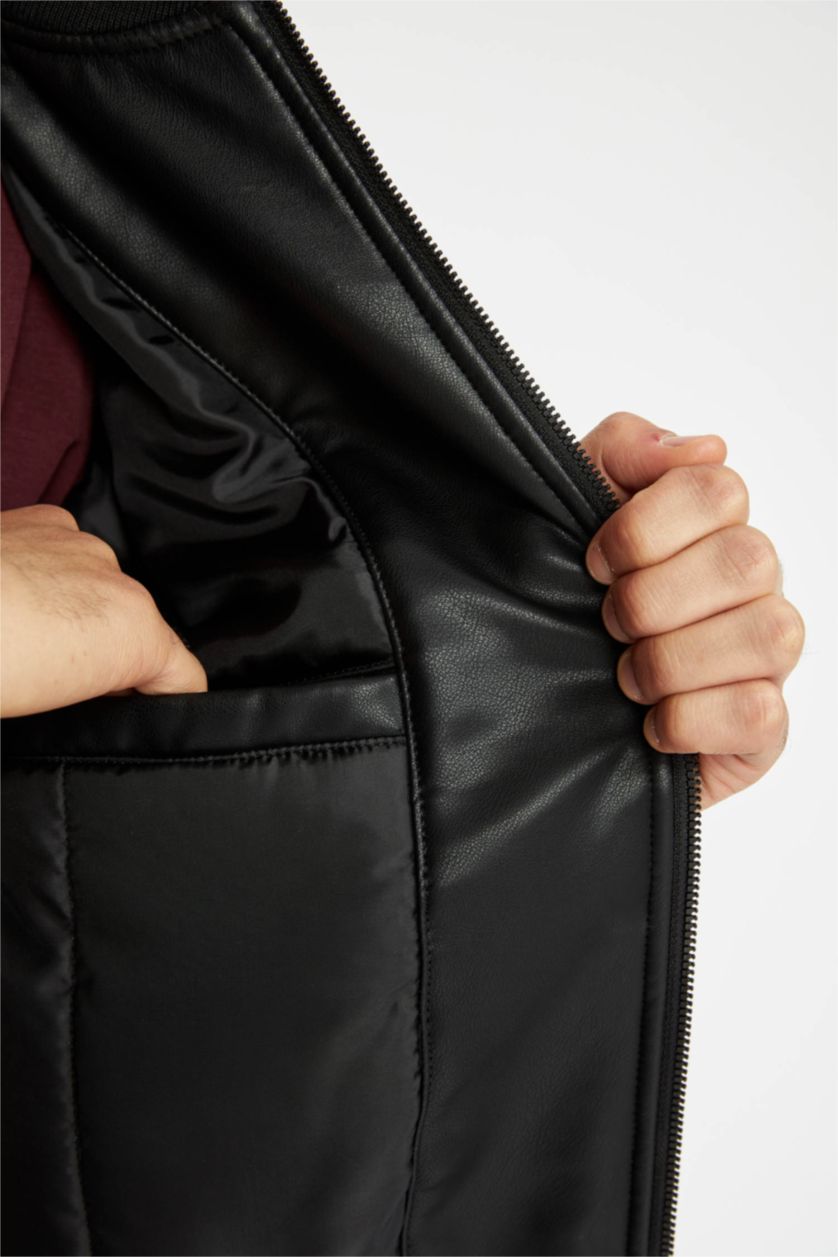 رجال أسود جاكيت بومبر اوفر سايز جلد صناعي