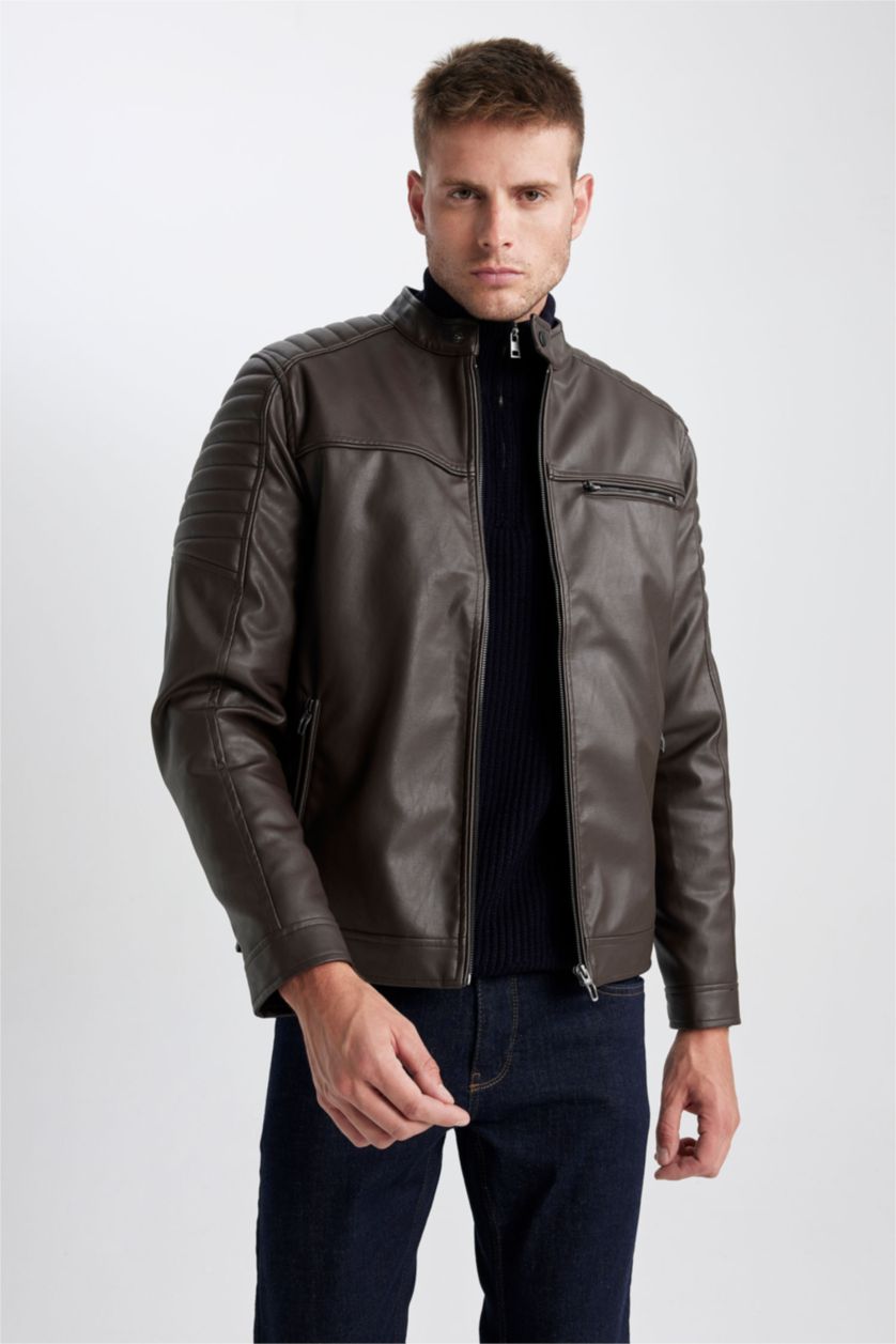 MAN Brown Waterproof Slim Fit Stand Collar Zippered Thin Leather Jacket