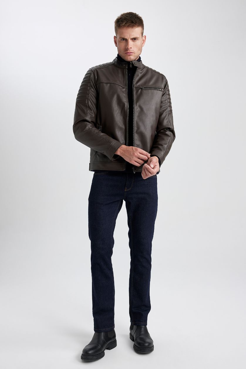 MAN Brown Waterproof Slim Fit Stand Collar Zippered Thin Leather Jacket