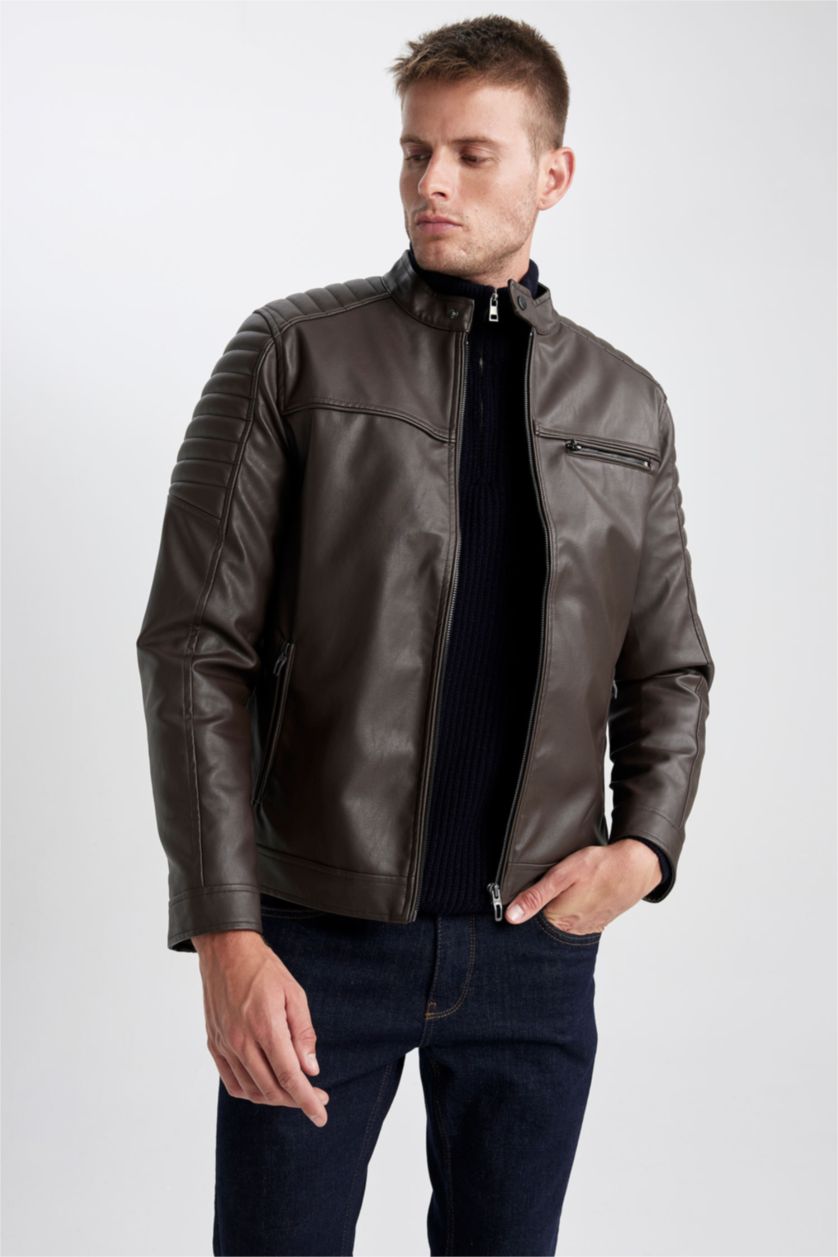 MAN Brown Waterproof Slim Fit Stand Collar Zippered Thin Leather Jacket