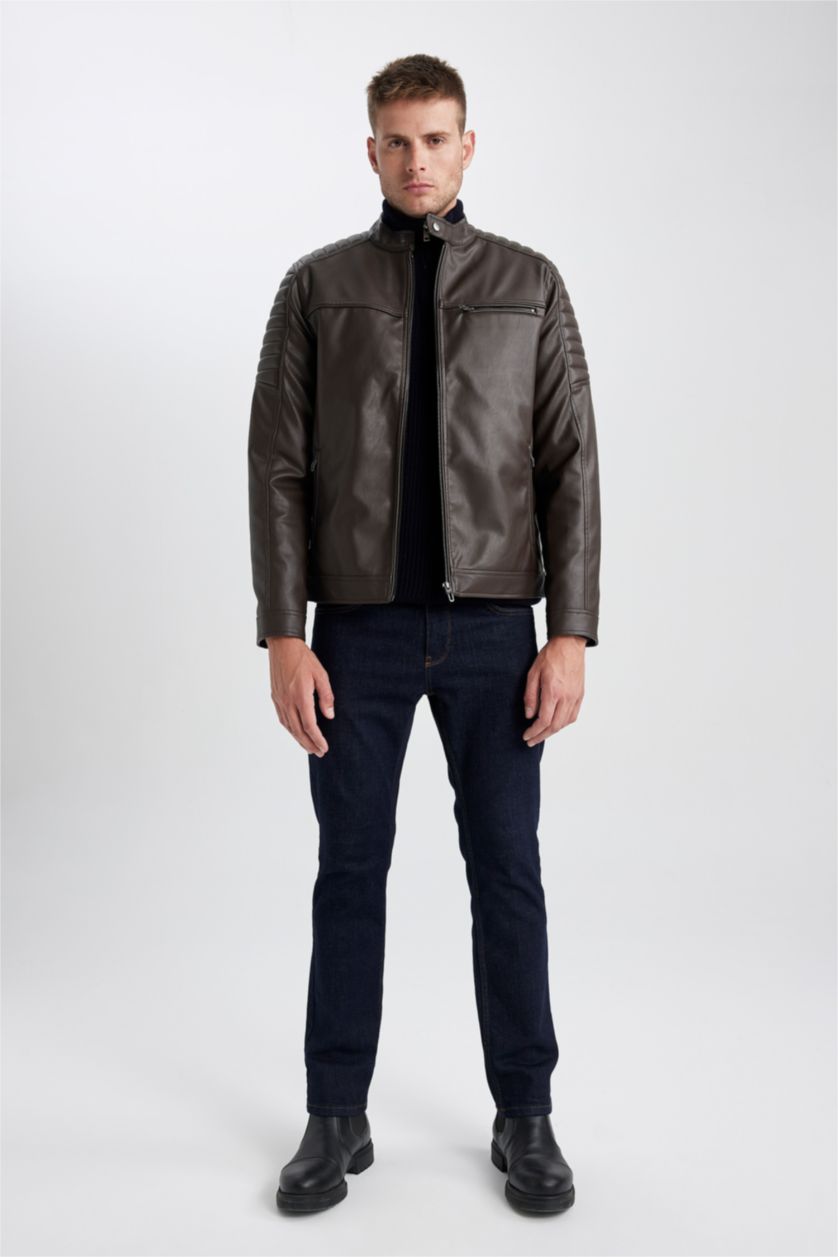 MAN Brown Waterproof Slim Fit Stand Collar Zippered Thin Leather Jacket