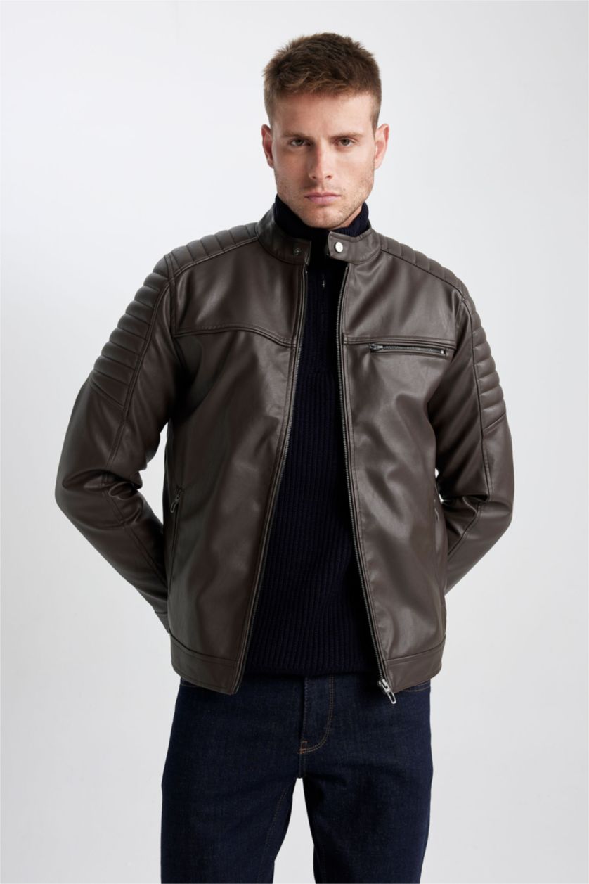 MAN Brown Waterproof Slim Fit Stand Collar Zippered Thin Leather Jacket