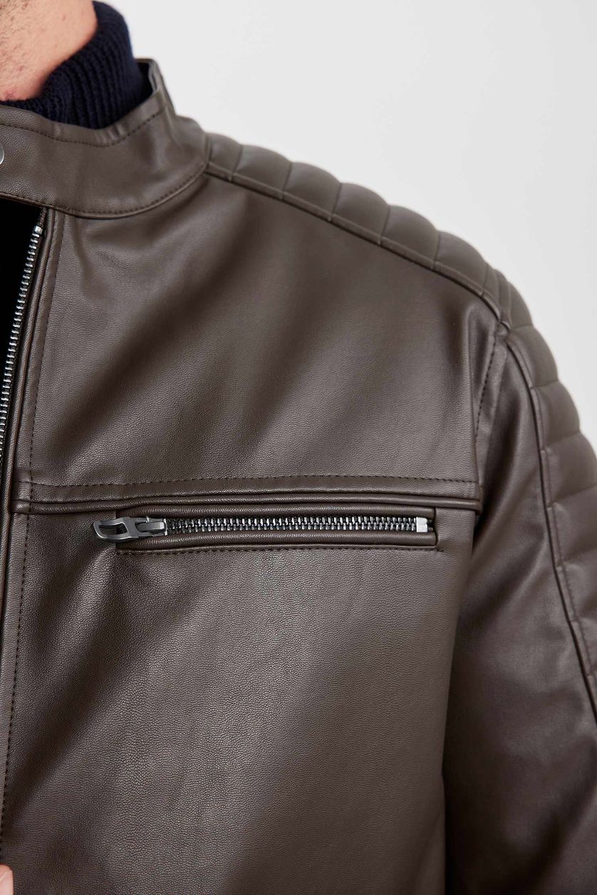 MAN Brown Waterproof Slim Fit Stand Collar Zippered Thin Leather Jacket