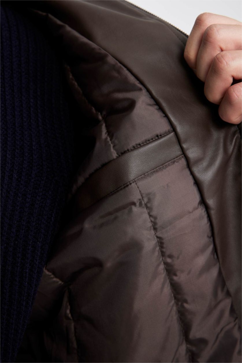 MAN Brown Waterproof Slim Fit Stand Collar Zippered Thin Leather Jacket