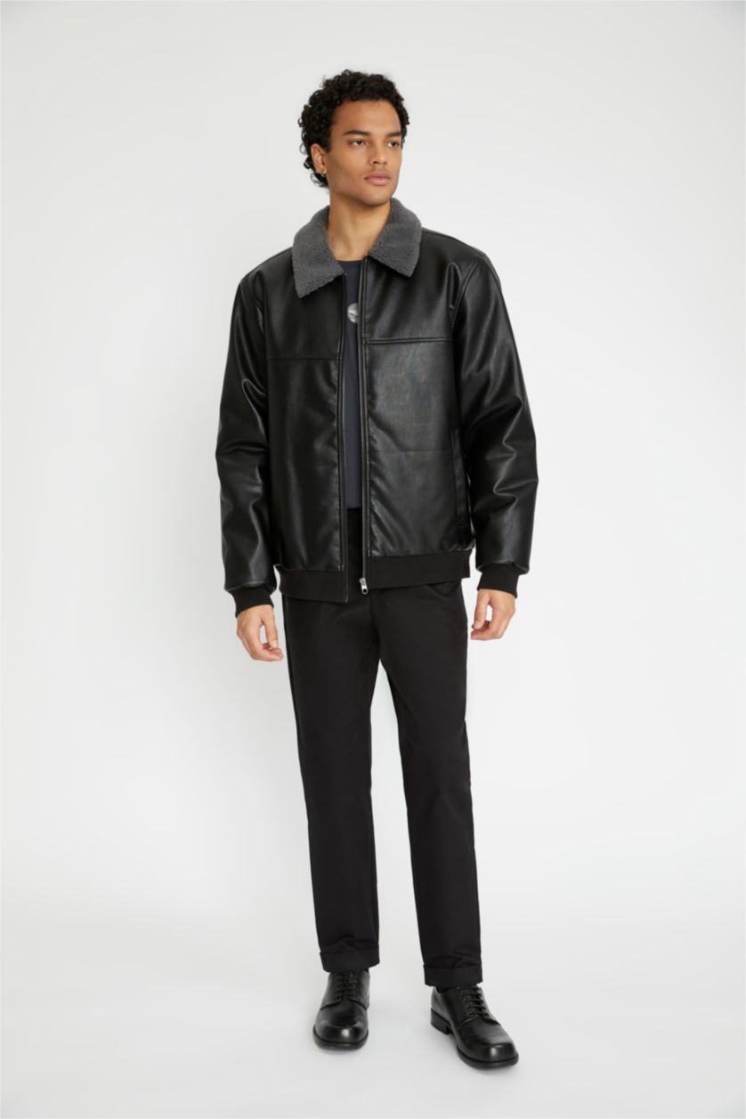 Erkek Siyah Su İtici Yakası Kürklü Fermuar Kapamalı Çift Cepli Mevsimlik Hafif Suni Deri Mont Ceket