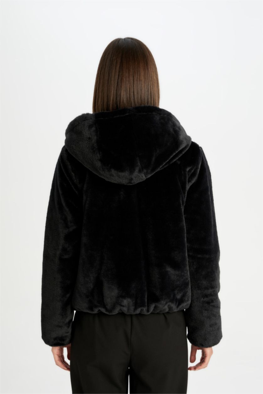 Kadın Siyah Su İtici Şişme Mont Kapüşonlu Çift Taraflı Fermuarlı Cepli Pelüş