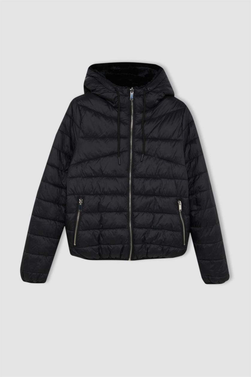 Kadın Siyah Su İtici Şişme Mont Kapüşonlu Çift Taraflı Fermuarlı Cepli Pelüş