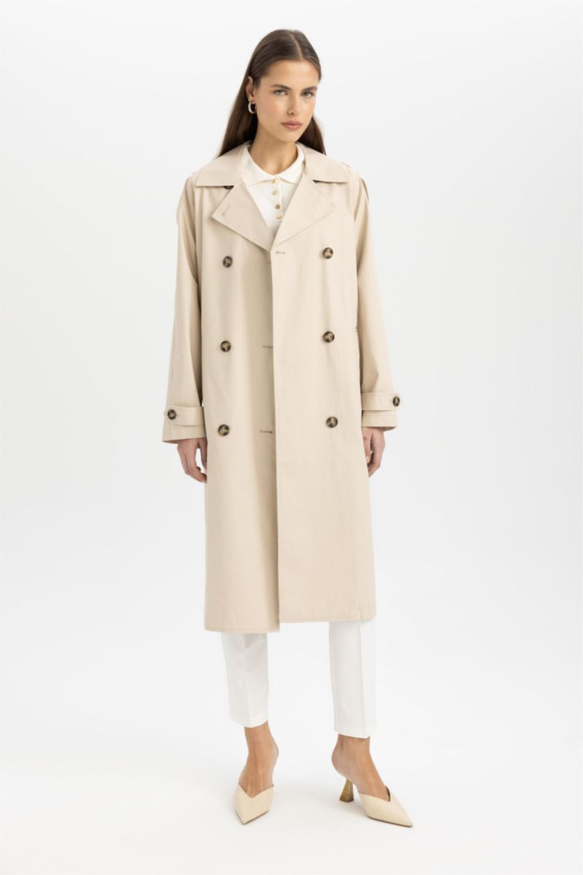 Kadın Ekru Su Geçirmez Uzun Trençkot Kruvaze Yaka Düğmeli Cepli Kemerli Apoletli