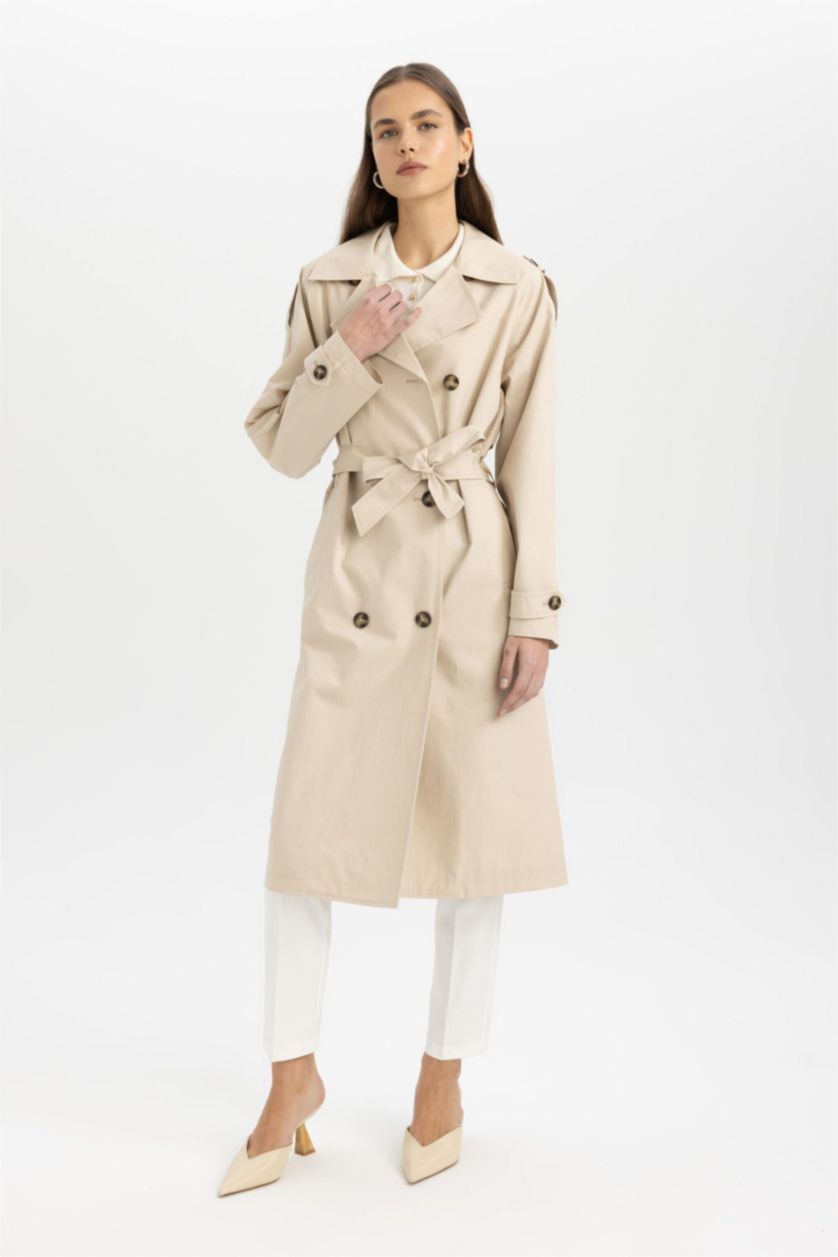 Kadın Ekru Su Geçirmez Uzun Trençkot Kruvaze Yaka Düğmeli Cepli Kemerli Apoletli