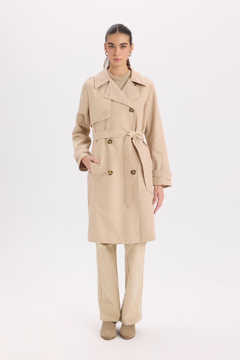 Kadın Camel Su Geçirmez Mevsimlik Trençkot Kruvaze Yaka Düğmeli Cepli Kemerli Apoletli