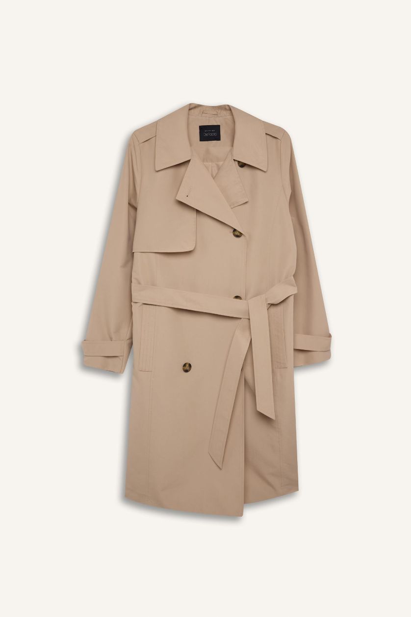 Kadın Camel Su Geçirmez Mevsimlik Trençkot Kruvaze Yaka Düğmeli Cepli Kemerli Apoletli