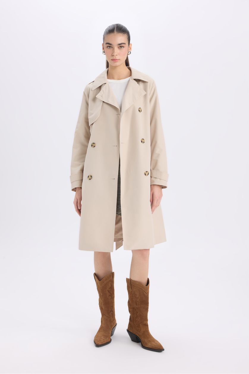 Kadın Ekru Su Geçirmez Mevsimlik Trençkot Kruvaze Yaka Düğmeli Cepli Kemerli Apoletli