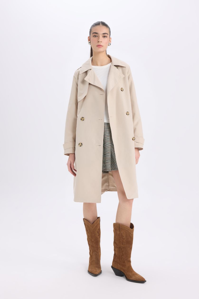 Kadın Ekru Su Geçirmez Mevsimlik Trençkot Kruvaze Yaka Düğmeli Cepli Kemerli Apoletli