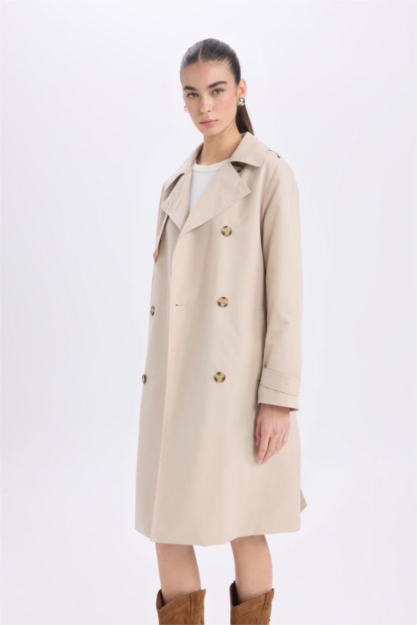Kadın Ekru Su Geçirmez Mevsimlik Trençkot Kruvaze Yaka Düğmeli Cepli Kemerli Apoletli