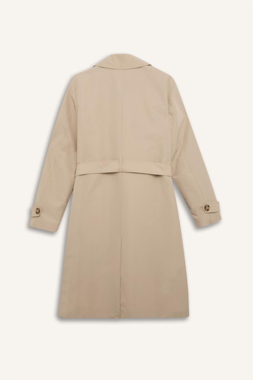 Kadın Ekru Su Geçirmez Mevsimlik Trençkot Kruvaze Yaka Düğmeli Cepli Kemerli Apoletli