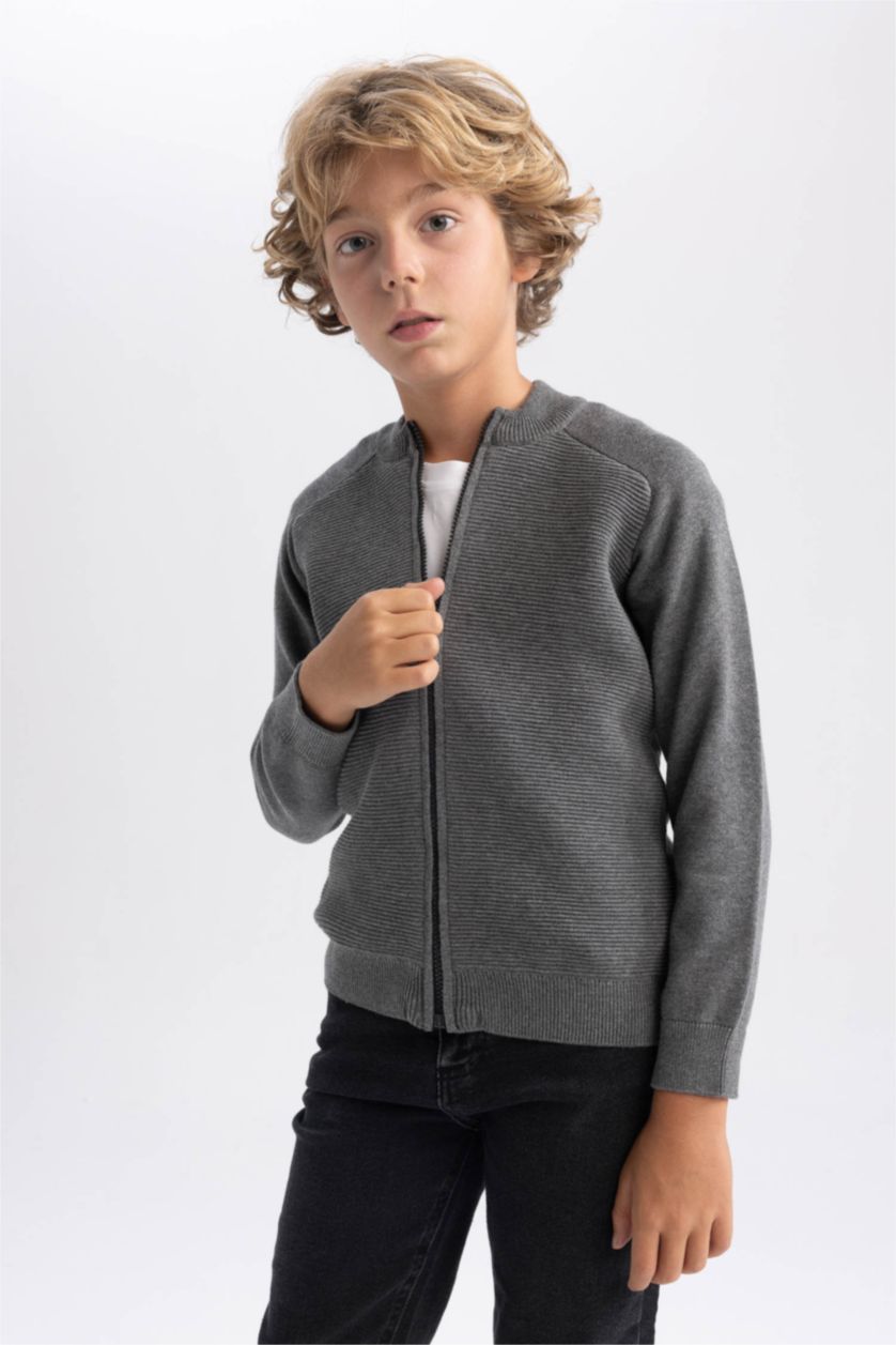 BOYS & TEENS Dark Grey Melange Regular Fit Bomber Collar Cardigan
