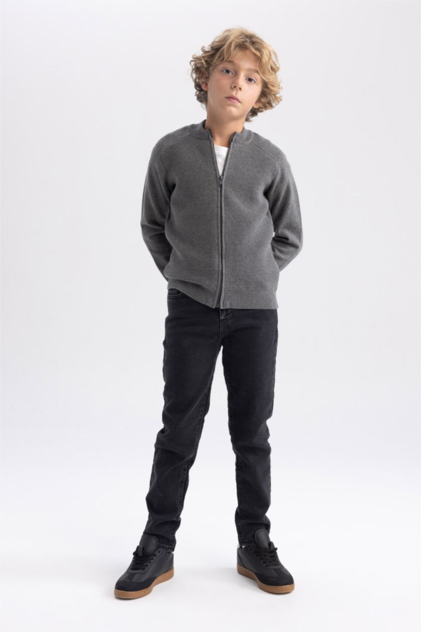 BOYS & TEENS Dark Grey Melange Regular Fit Bomber Collar Cardigan