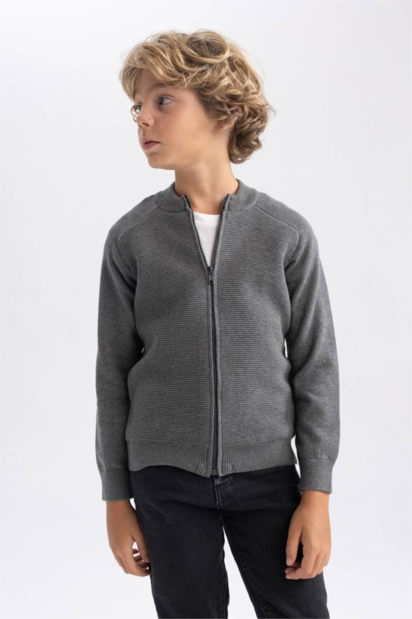 BOYS & TEENS Dark Grey Melange Regular Fit Bomber Collar Cardigan