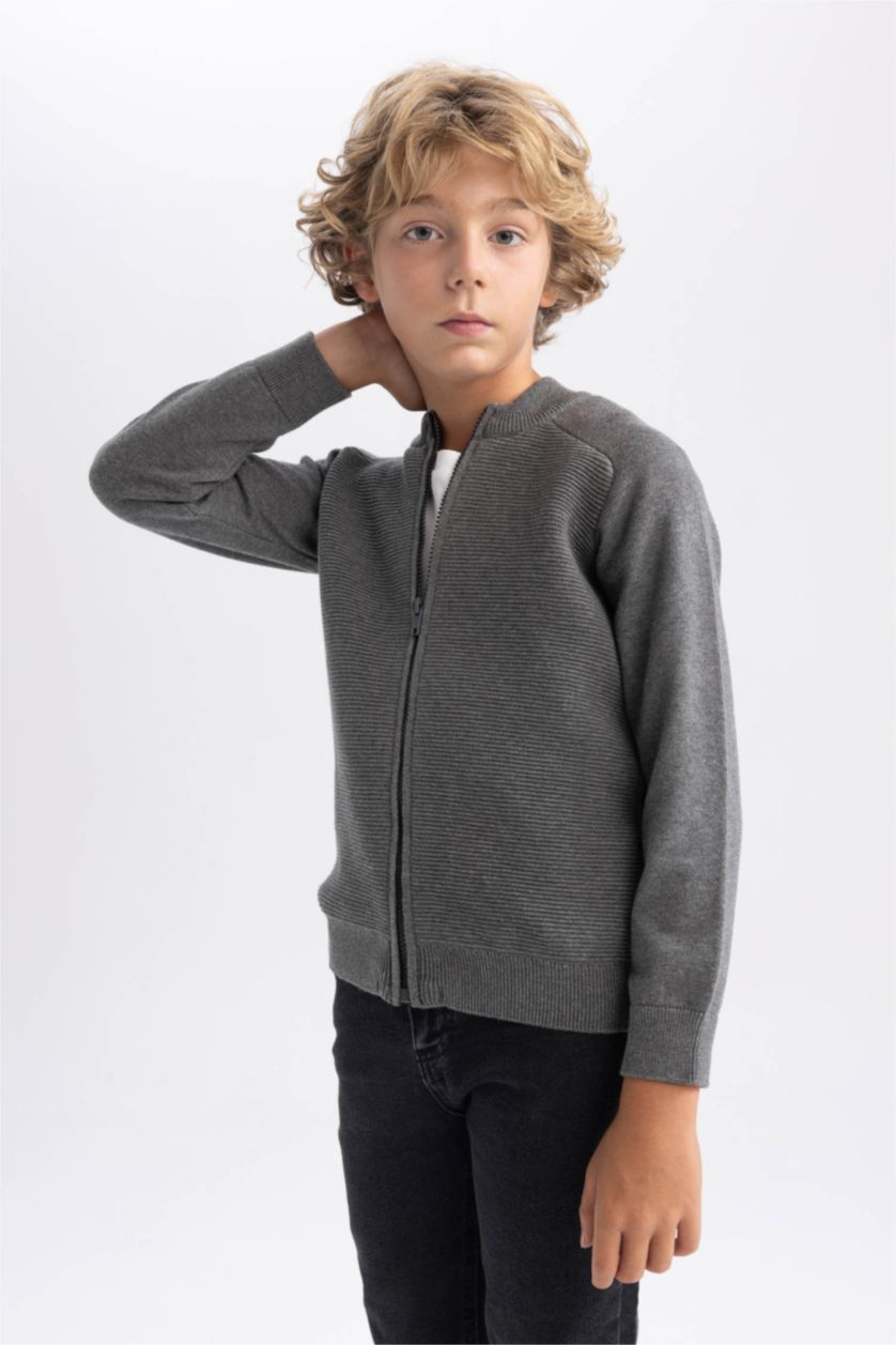 BOYS & TEENS Dark Grey Melange Regular Fit Bomber Collar Cardigan
