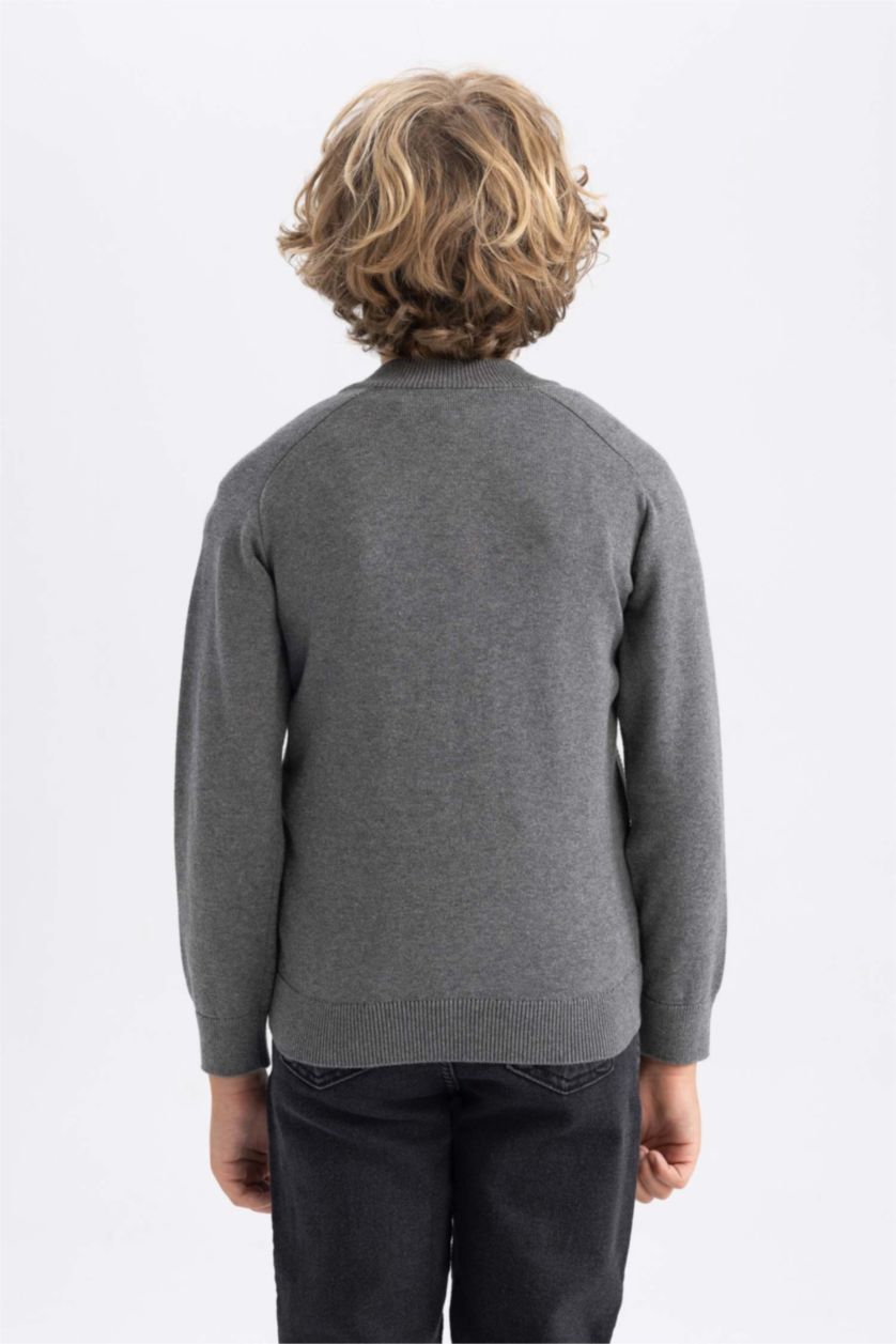 BOYS & TEENS Dark Grey Melange Regular Fit Bomber Collar Cardigan