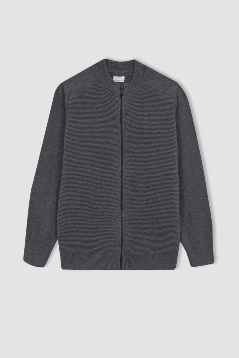 BOYS & TEENS Dark Grey Melange Regular Fit Bomber Collar Cardigan