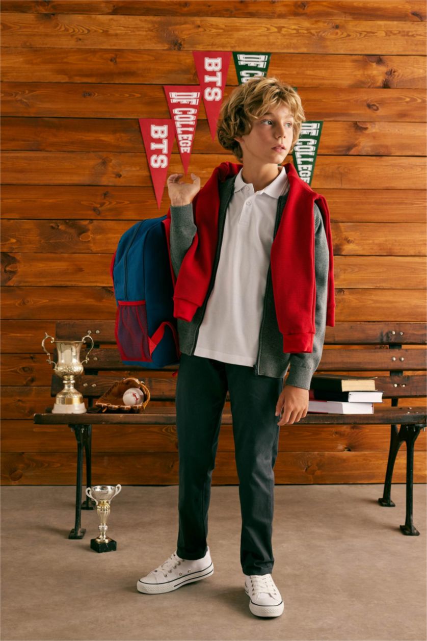 BOYS & TEENS Dark Grey Melange Regular Fit Bomber Collar Cardigan