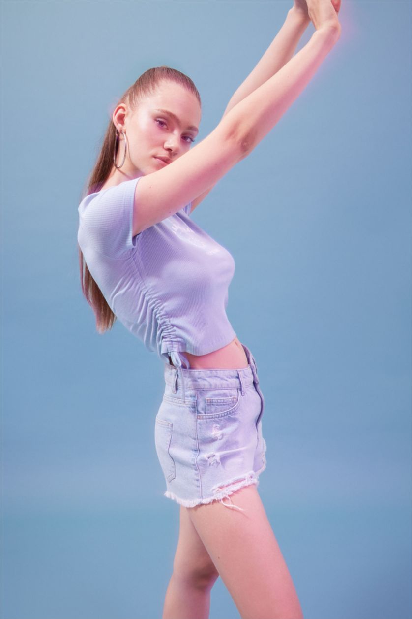 نساء أزرق فاتح تيشيرت نص ردن مطبوع بياخة مستديرة