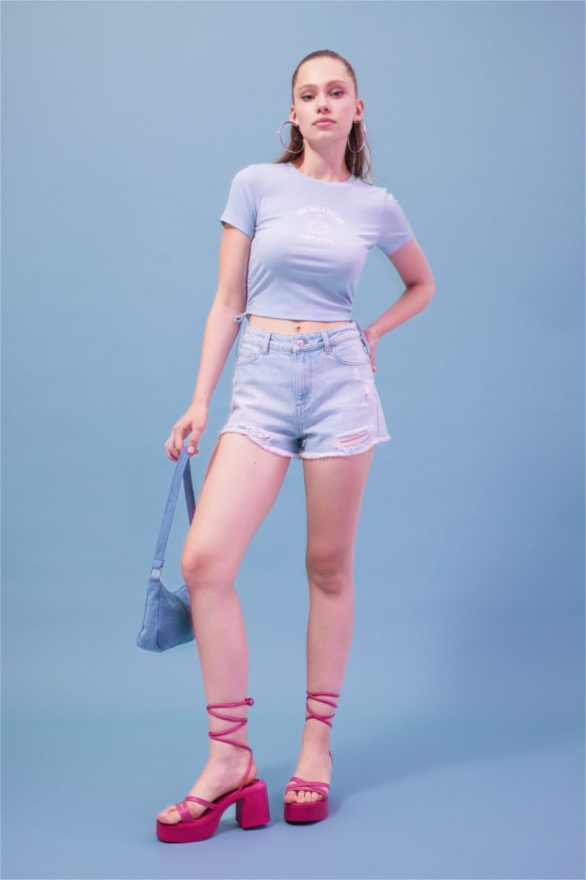 نساء أزرق فاتح تيشيرت نص ردن مطبوع بياخة مستديرة