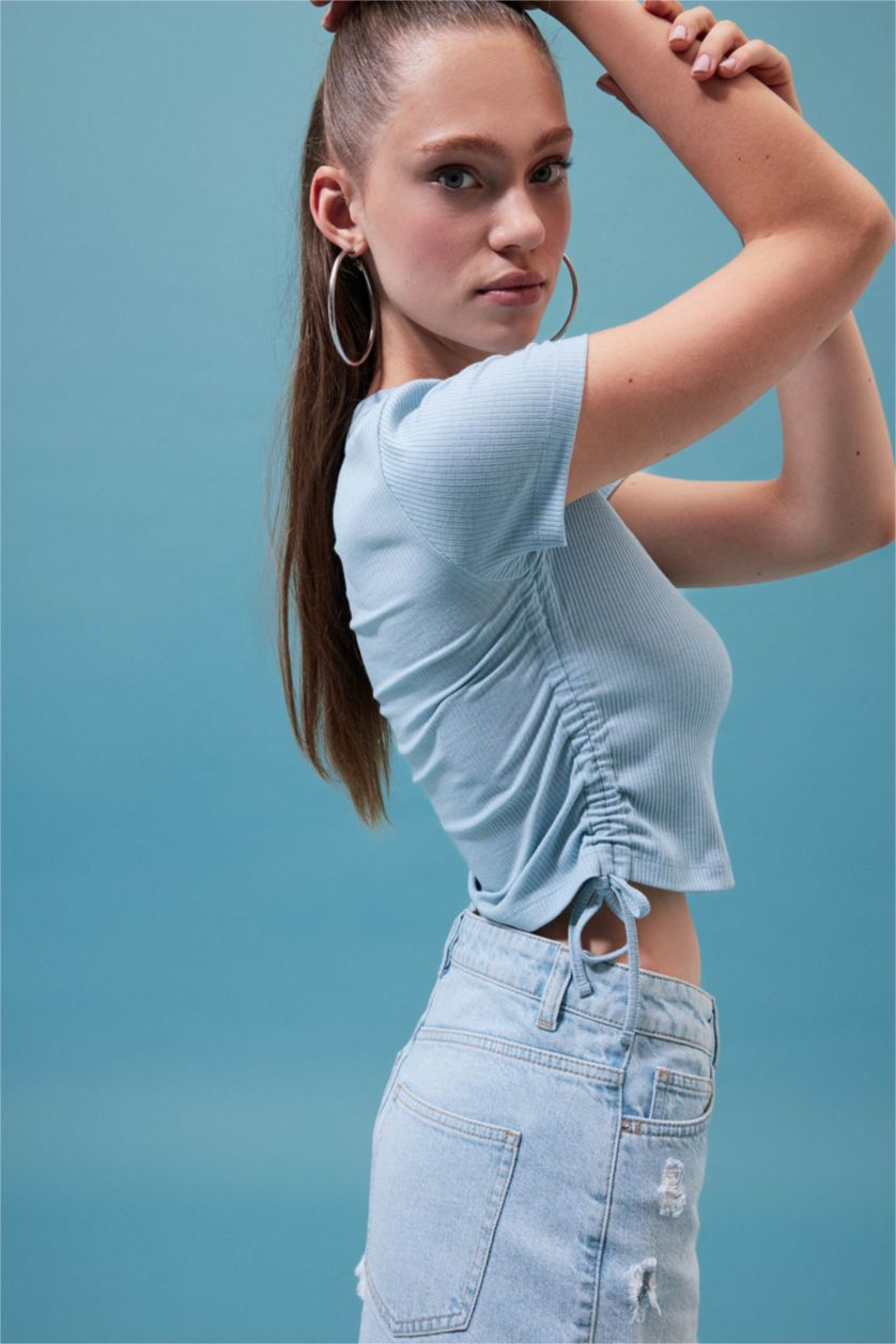 نساء أزرق فاتح تيشيرت نص ردن مطبوع بياخة مستديرة