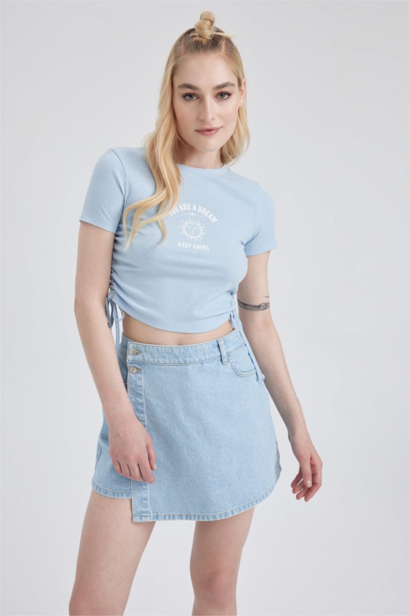 نساء أزرق فاتح تيشيرت نص ردن مطبوع بياخة مستديرة