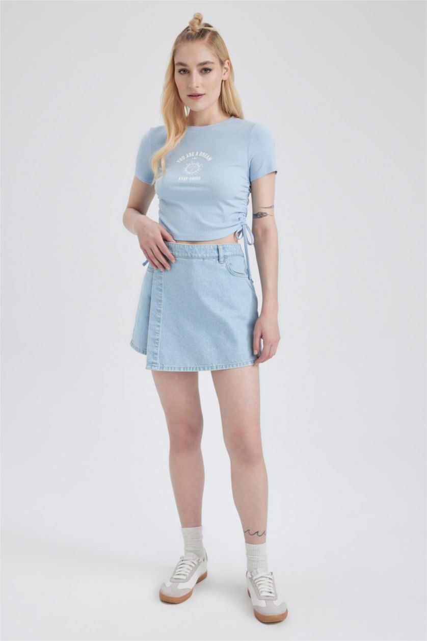 نساء أزرق فاتح تيشيرت نص ردن مطبوع بياخة مستديرة