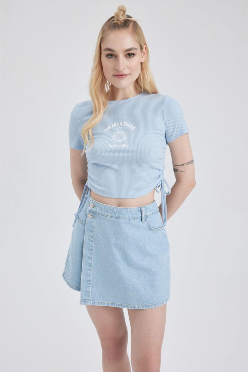 نساء أزرق فاتح تيشيرت نص ردن مطبوع بياخة مستديرة