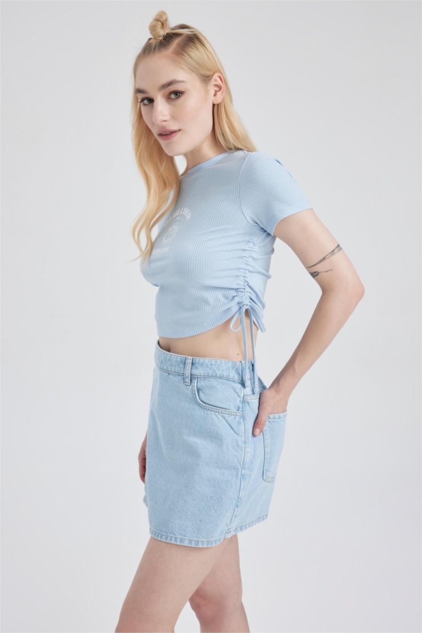 نساء أزرق فاتح تيشيرت نص ردن مطبوع بياخة مستديرة