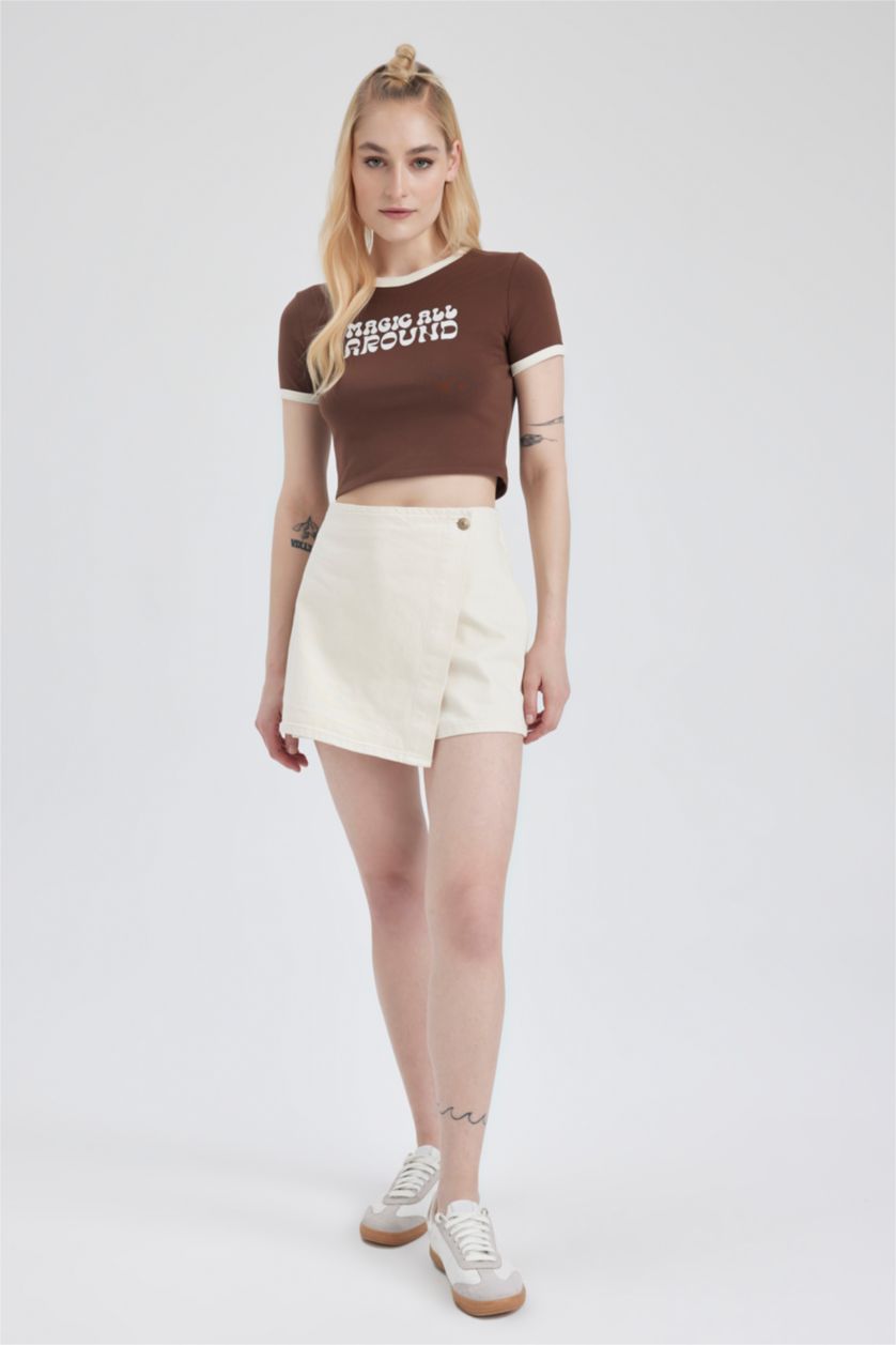 Kadın Kahve Fıtted Bisiklet Yaka Baskılı Ribana Kısa Kollu Tişört