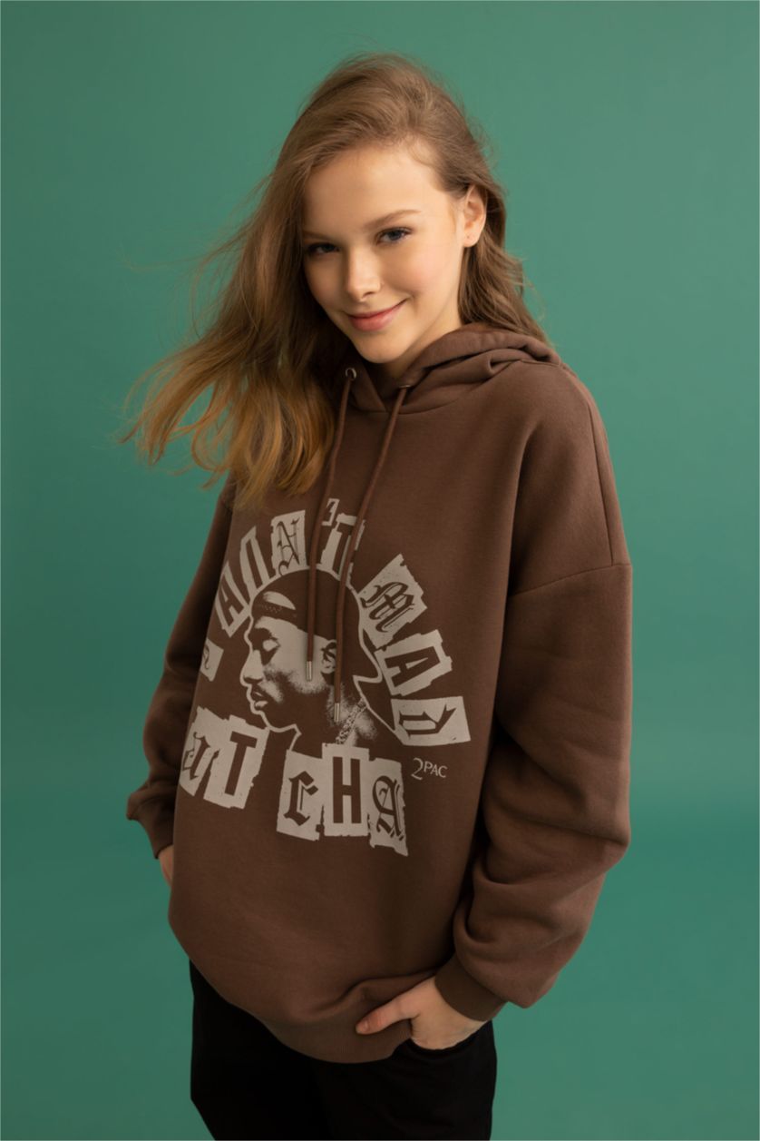 Жіночий Коричневий Світшот оверсайз з капюшоном Tupac з принтом з товстої тканини для жінок