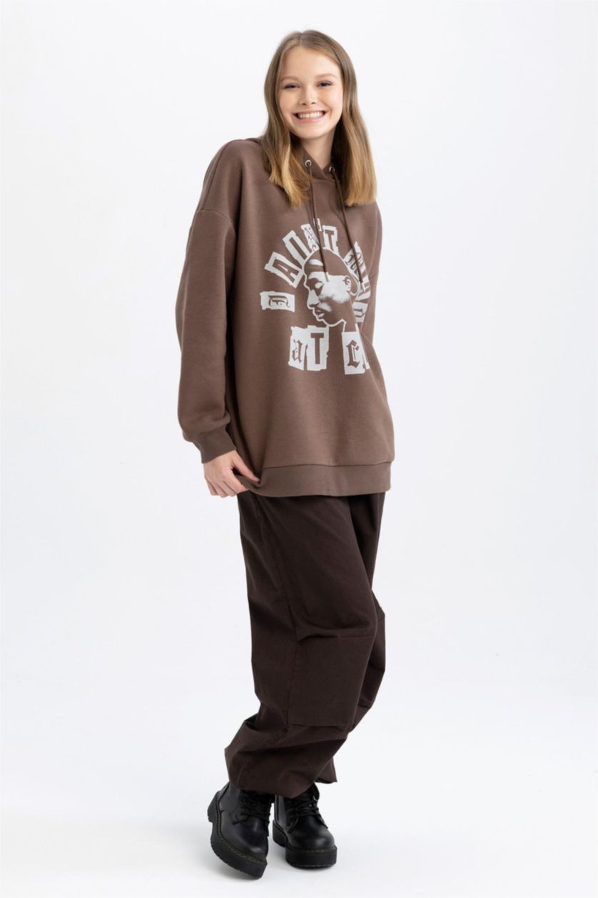 Жіночий Коричневий Світшот оверсайз з капюшоном Tupac з принтом з товстої тканини для жінок