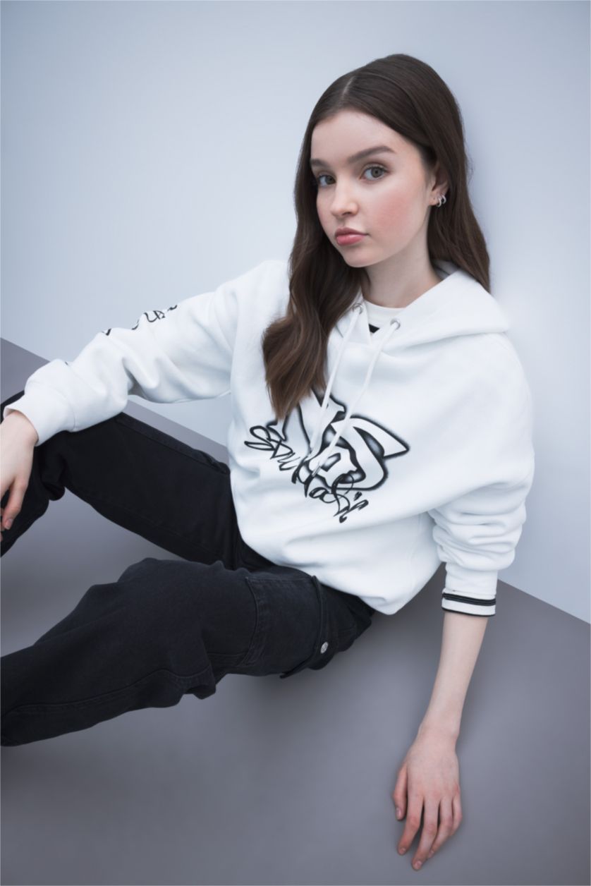 Жіночий Кремовий Світшот оверсайз з капюшоном з принтом з товстої тканини для жінок