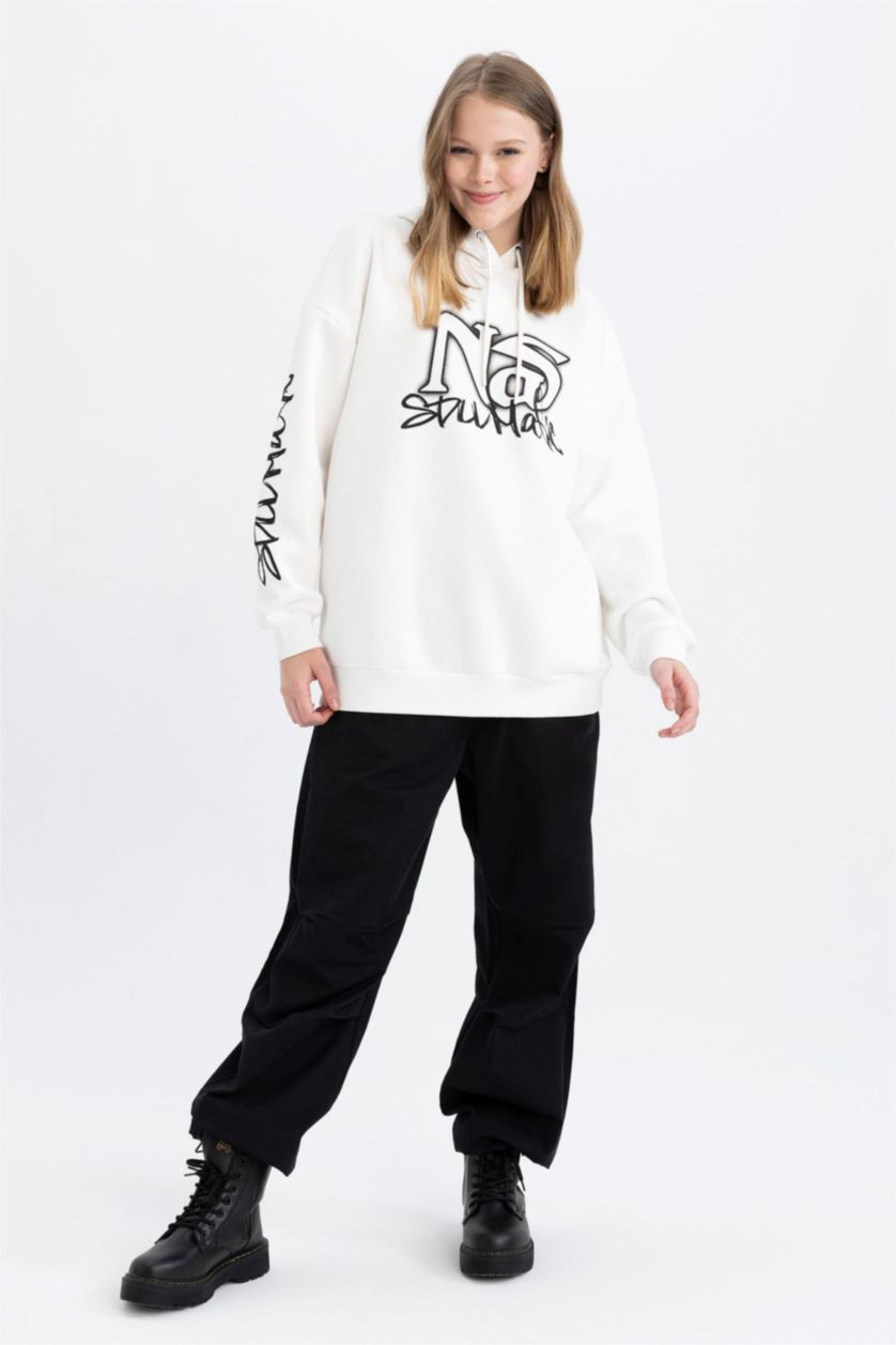 Жіночий Кремовий Світшот оверсайз з капюшоном з принтом з товстої тканини для жінок