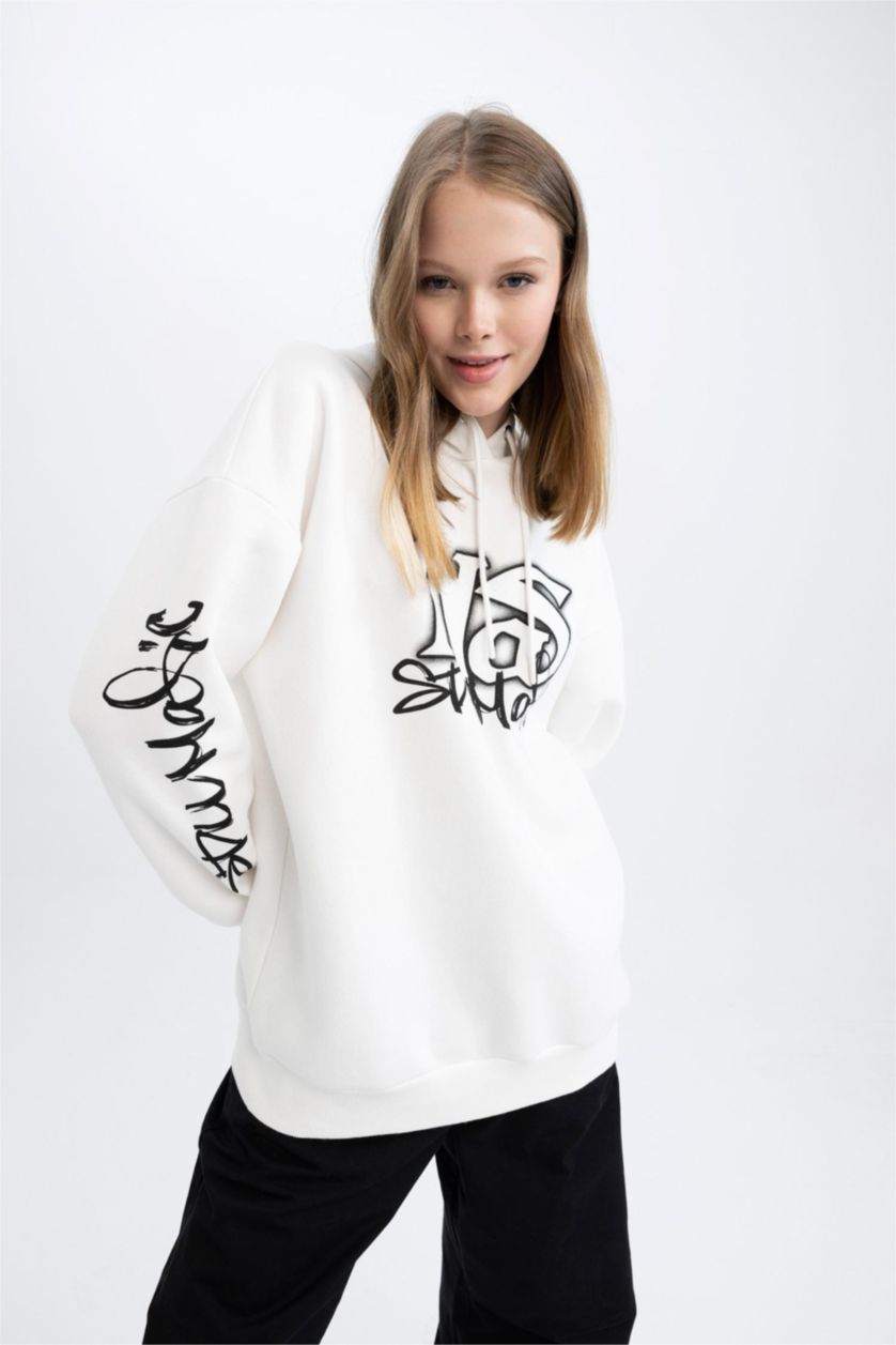 Жіночий Кремовий Світшот оверсайз з капюшоном з принтом з товстої тканини для жінок