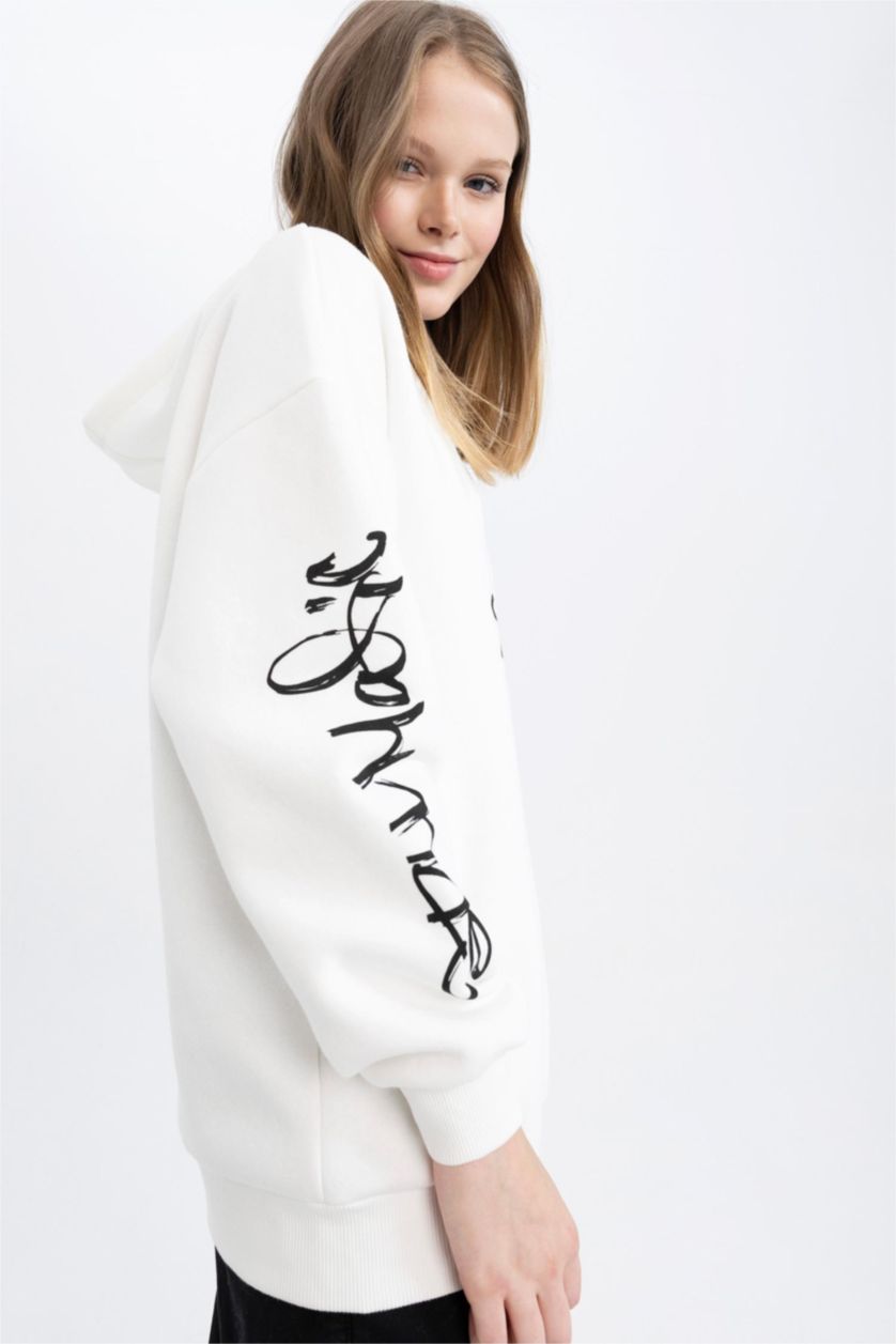 Жіночий Кремовий Світшот оверсайз з капюшоном з принтом з товстої тканини для жінок