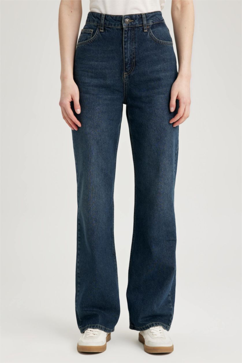 Kadın Koyu Mavi Yüksek Bel 90's Wıde Leg Pantolon