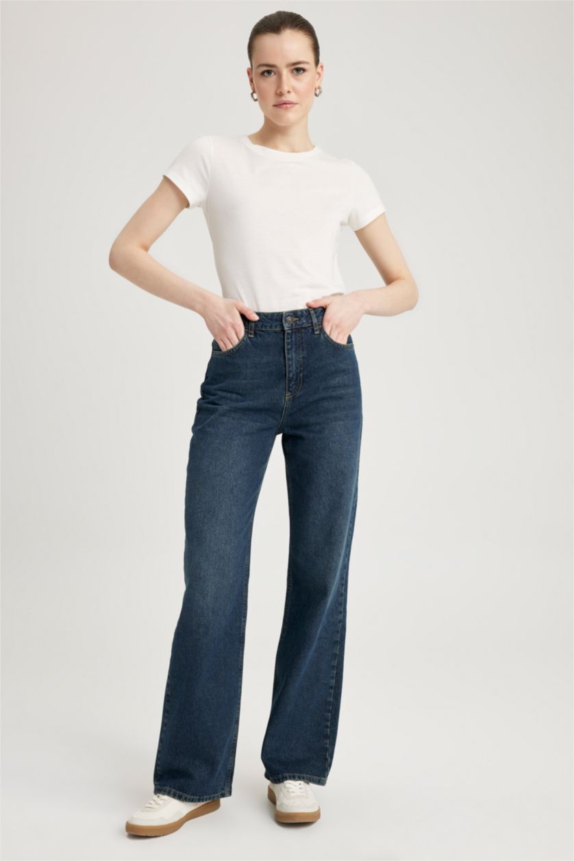 Kadın Koyu Mavi Yüksek Bel 90's Wıde Leg Pantolon