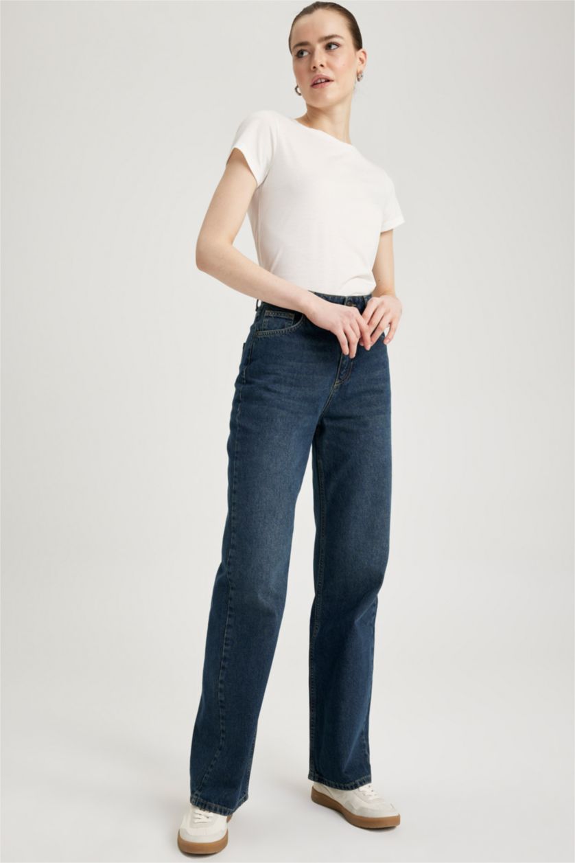 Kadın Koyu Mavi Yüksek Bel 90's Wıde Leg Pantolon