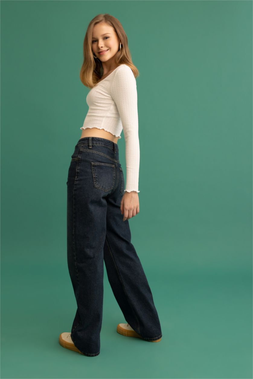 Kadın Koyu Mavi Yüksek Bel 90's Wıde Leg Pantolon