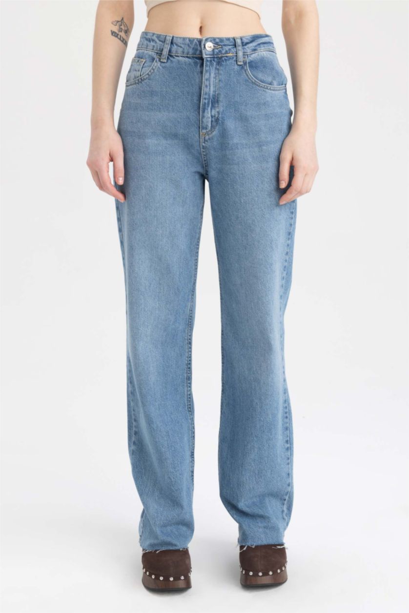 نساء أزرق بنطلون جينز قطن وايد ليج