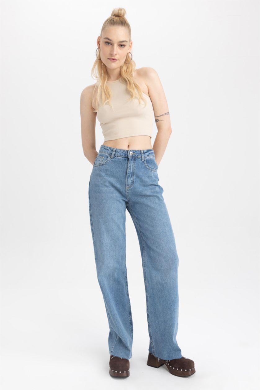 نساء أزرق بنطلون جينز قطن وايد ليج