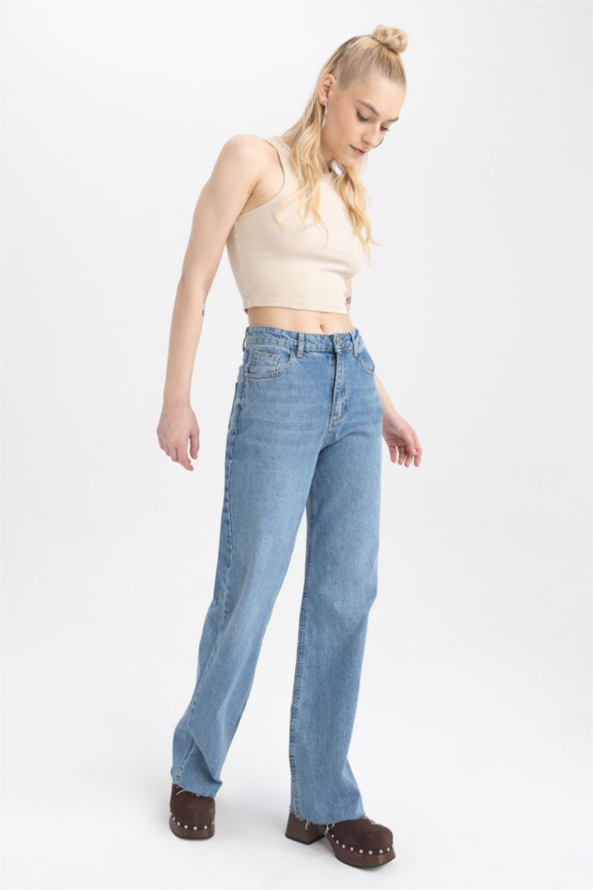 نساء أزرق بنطلون جينز قطن وايد ليج