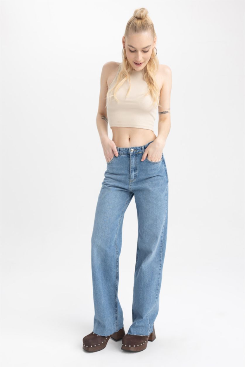 نساء أزرق بنطلون جينز قطن وايد ليج